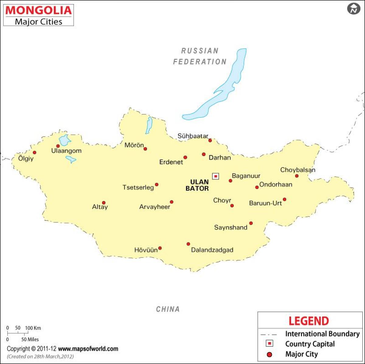 Mongolija žemėlapis, kuriame miestų
